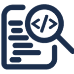 آیکونی با تصویر یک برگه متنی و ذره‌بینی که بر روی نماد کد برنامه‌نویسی قرار دارد به رنگ آبی تیره، نمادی از بازبینی سئو توسط آژانس دیجیتال مارکتینگ باروکا