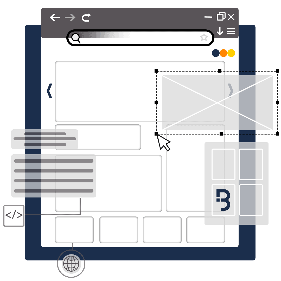 تصویری نمادین از ویرایش و طراحی وبسایت توسط آژانس دیجیتال مارکتینگ باروکا با عناصر کدنویسی و طراحی چارچوب