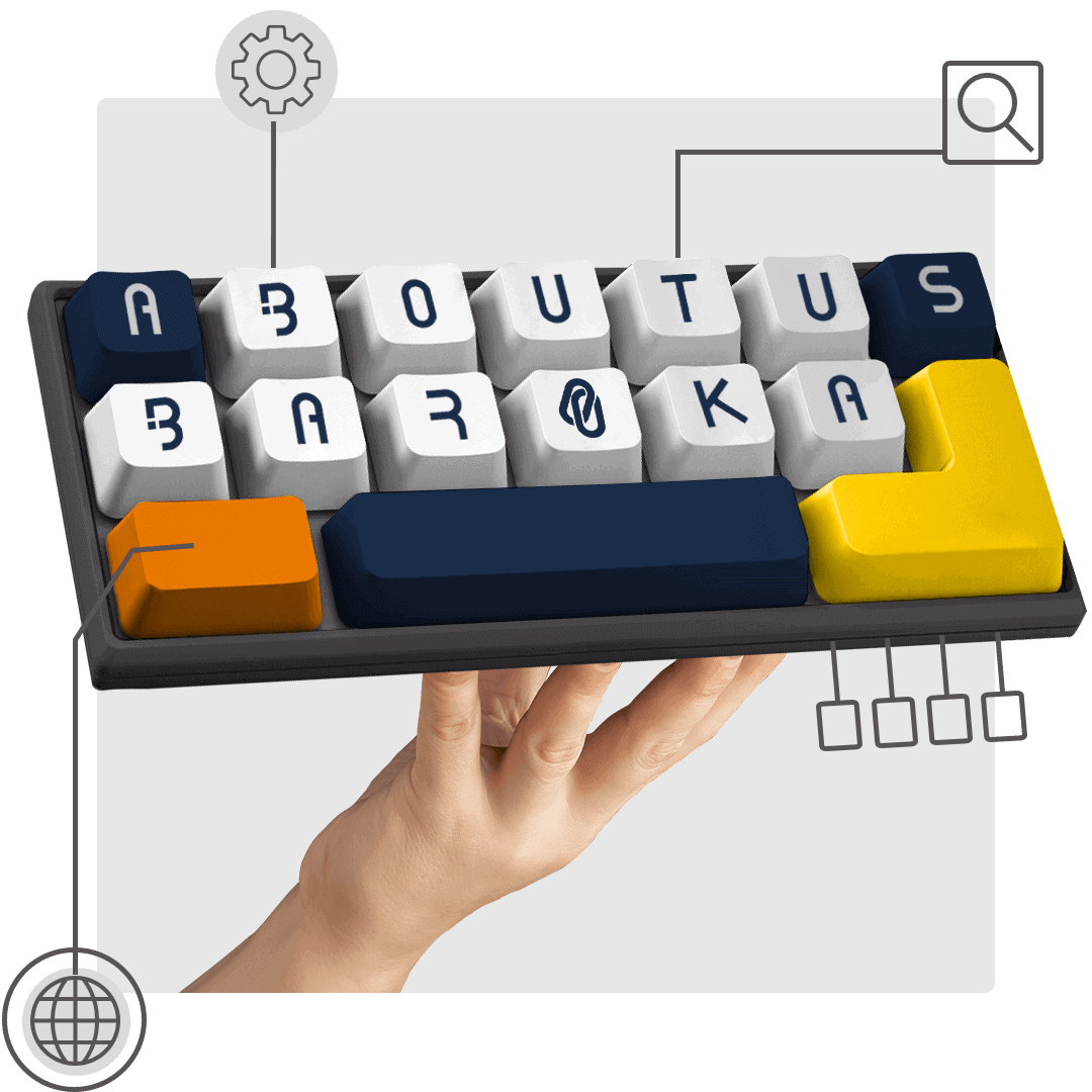تصویری نمادین با نمایش دستی که نگه‌دارنده کیبورد با دکمه‌های درباره ما و لوگوی آژانس دیجیتال مارکتینگ باروکا برای خدمات وبسایت و سئو است.